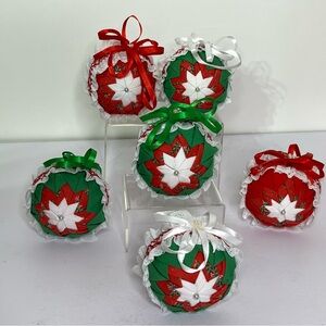 Vintage Handmade Folded Fabric Star Multicolor Christmas Ball Ornaments Set of 6